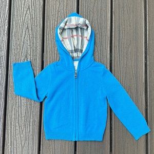 EUC Burberry Kids Cashmere zip up blue hooded sweater 18M